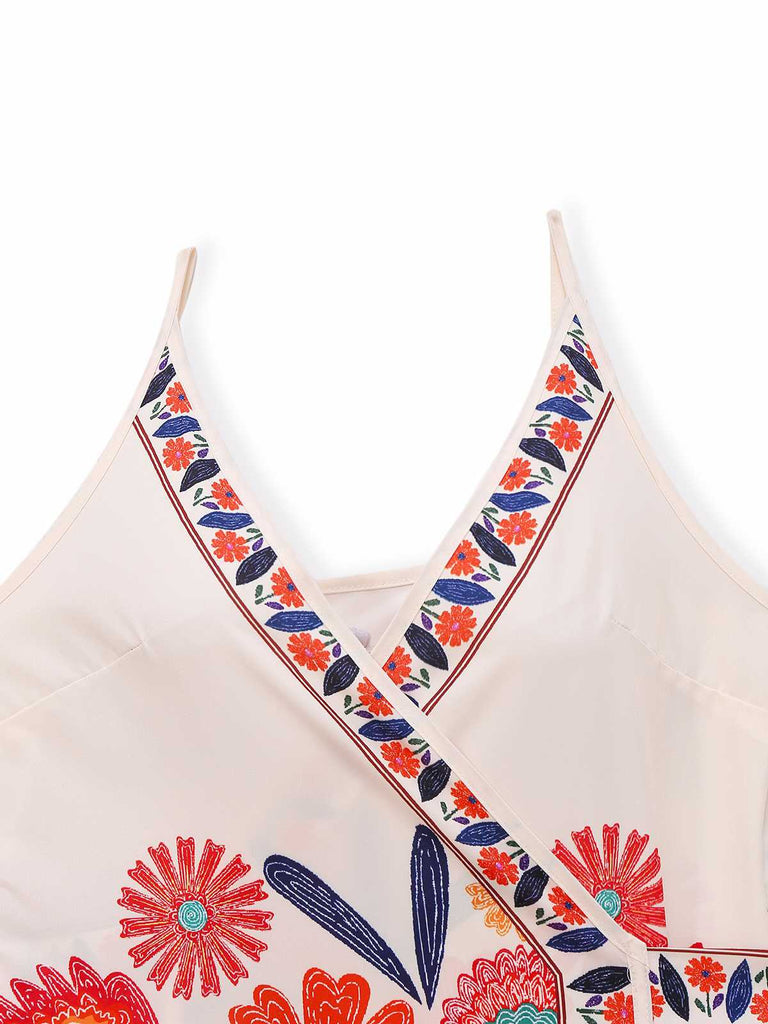 1960er Spaghetti Träger V-Ausschnitt Blumen Kleid