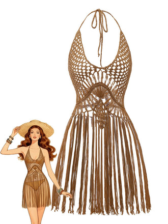 1960er Häkeln Fransen Cutout Halter Bikini Cover-Up