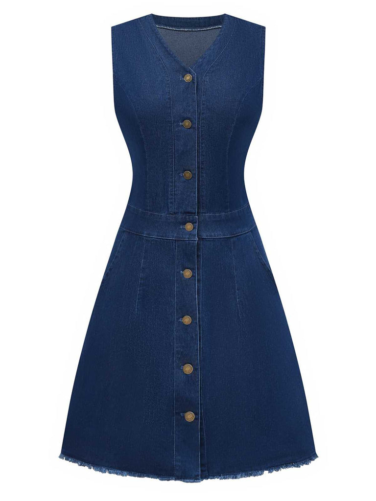Blau 1970er Taschen Ärmellos A-Linie Denim Kleid
