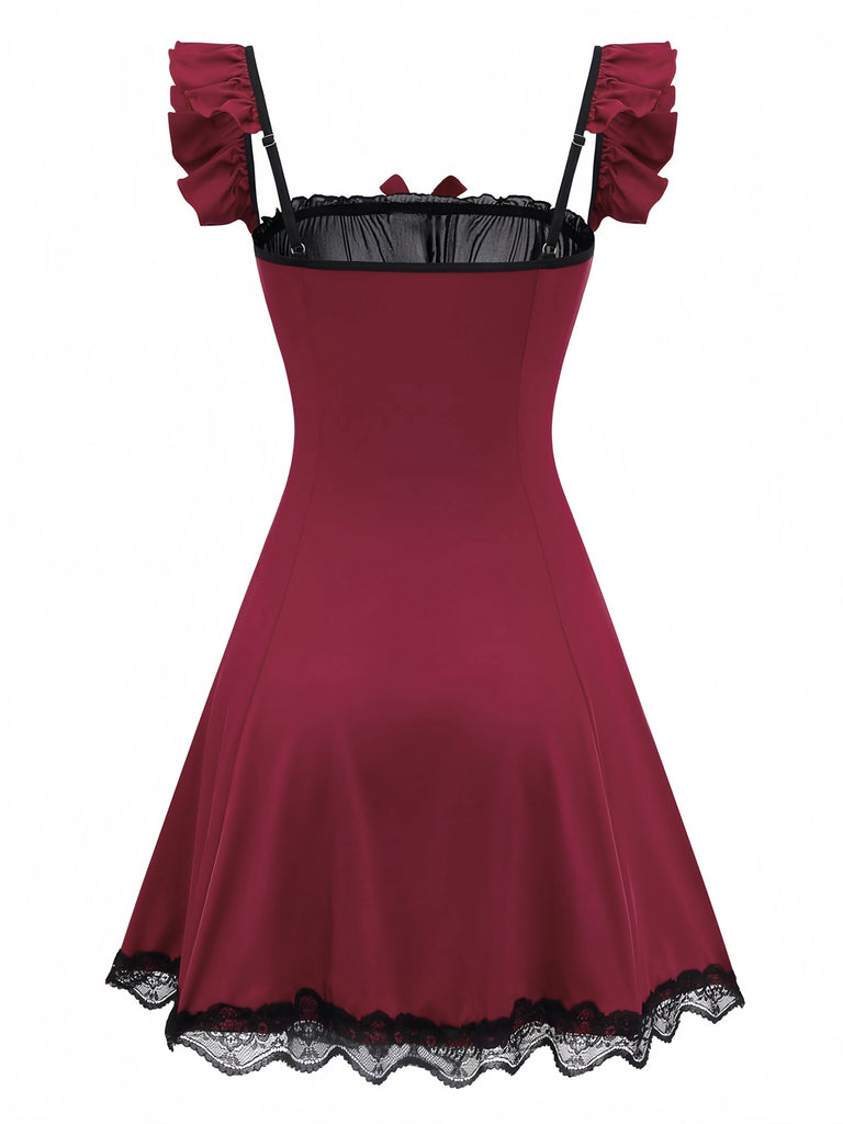 Rot 1960er Bogen Spitze Patchwork Rüschen Nachthemd