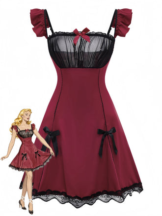 Rot 1960er Bogen Spitze Patchwork Rüschen Nachthemd