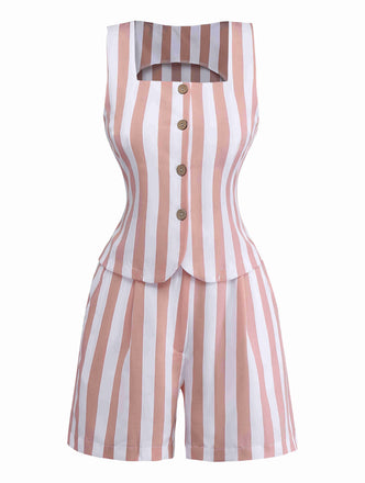 2pcs Khaki 1960er Streifen Quadratischer Hals Ärmellos Weste & Shorts