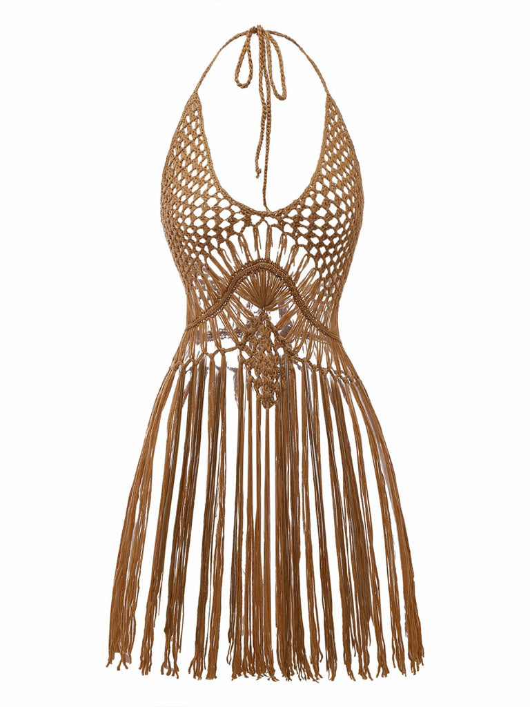 1960er Häkeln Fransen Cutout Halter Bikini Cover-Up
