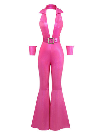 [Vorverkauf] Rosa 1970er Tief V-Ausschnitt Disko Metallisch Jumpsuit