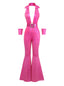 [Vorverkauf] Rosa 1970er Tief V-Ausschnitt Disko Metallisch Jumpsuit
