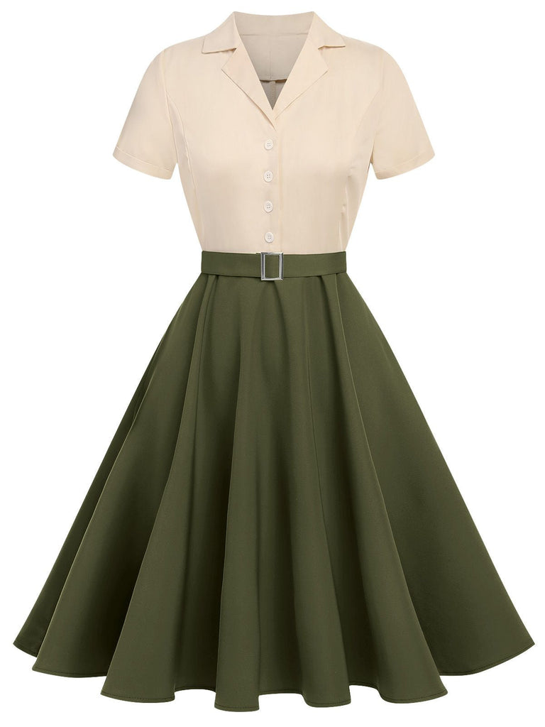 [Vorverkauf] Khaki Grün 1950ER Patchwork V-Ausschnitt Kurzarm Swing Kleid