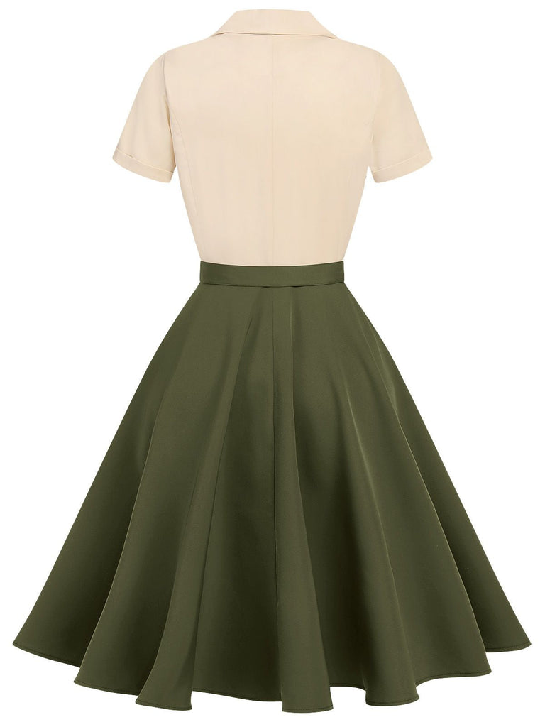 [Vorverkauf] Khaki Grün 1950ER Patchwork V-Ausschnitt Kurzarm Swing Kleid