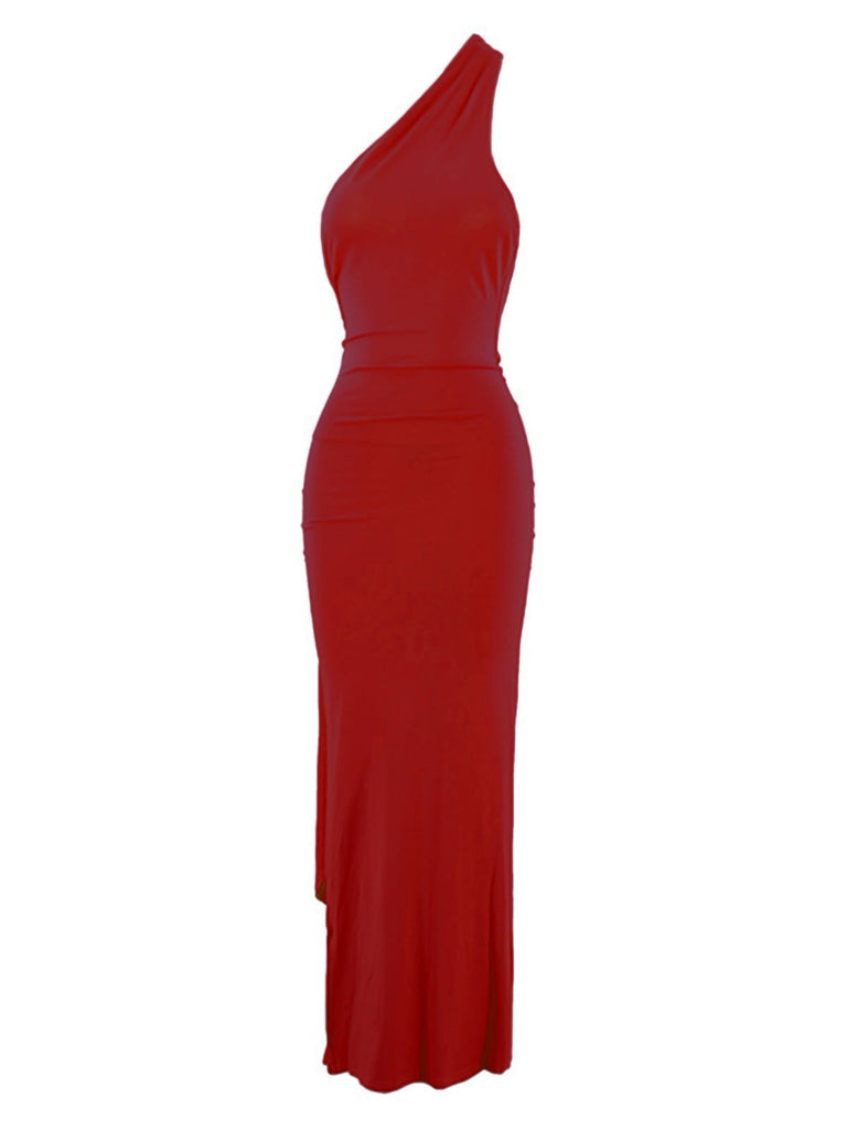 1980er Solide Eine Schulter Rückenfrei Abend Kleid mit Schleppe