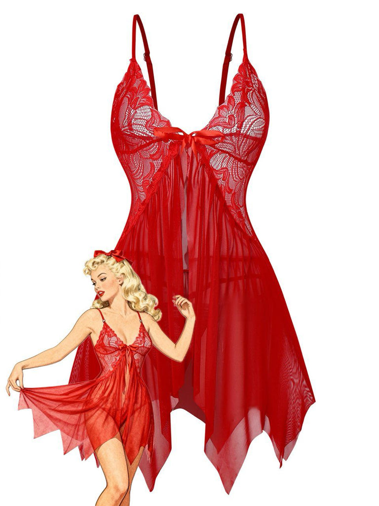 1980er Spitze Satin Band Babydoll Dessous Set