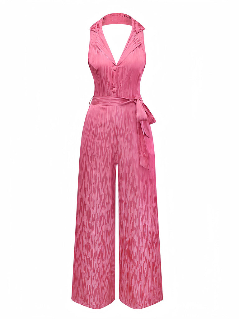 Rosa 1970er Halter Revers Satin Jumpsuit