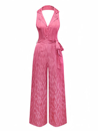 Rosa 1970er Halter Revers Satin Jumpsuit