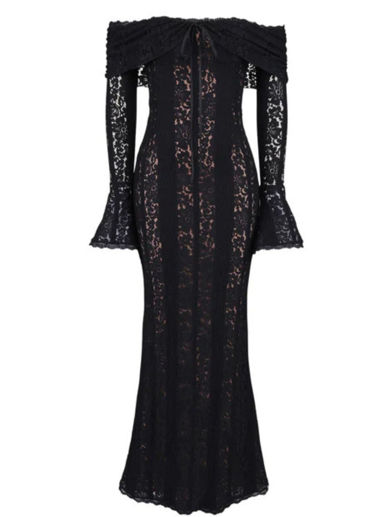 1930er Schulterfrei Spitze Trompetenärmel Maxi Meerjungfrauenkleid