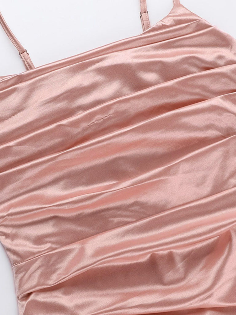 Rosa 1930er Solide Satin Gerüschtes Schlitz Kleid