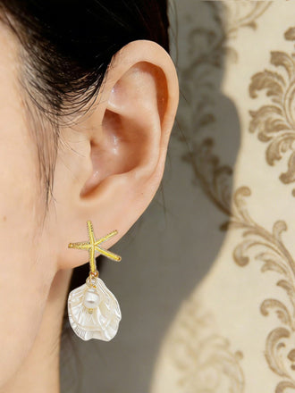 Gold Seestern Muschel Perlen Tropfen Ohrringe