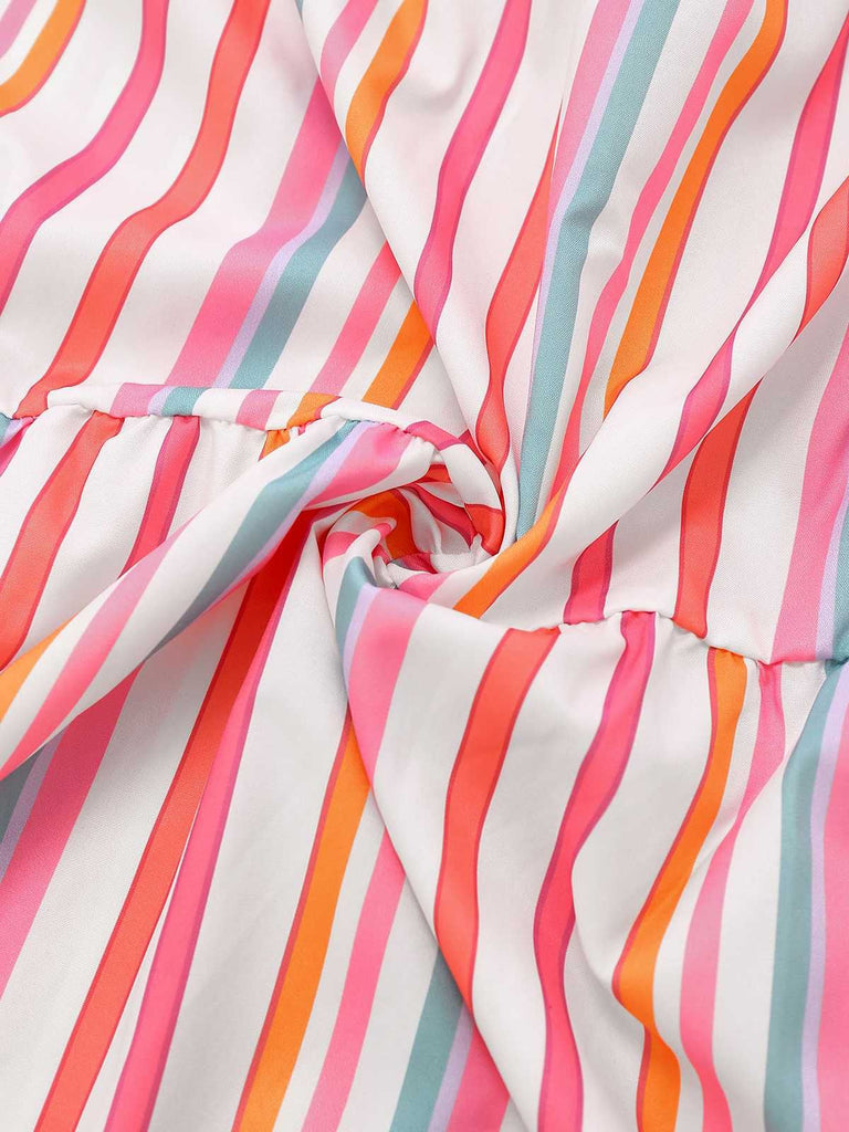 1970er Spaghetti Träger Regenbogen Streifen Stufenkleid