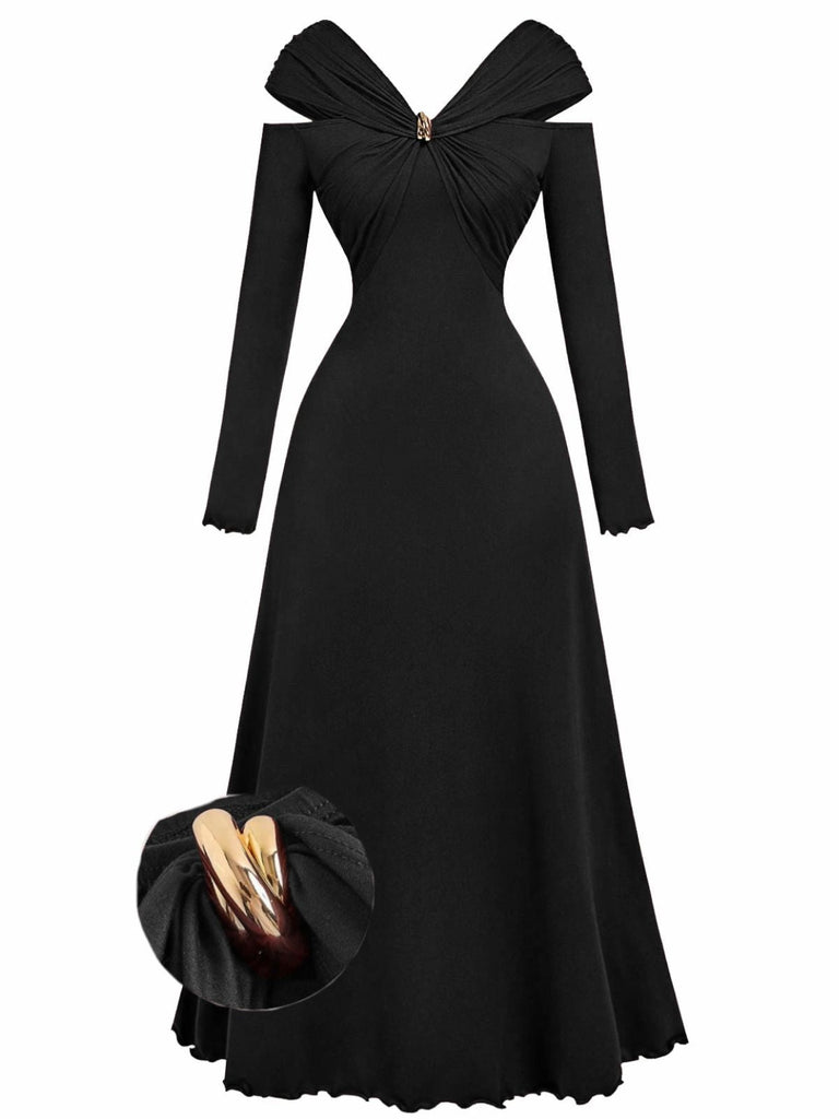 1940er Schulterfrei Langarm Plissiertes Kleid