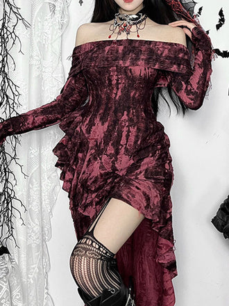 Dunkelrot 1980er Schulterfrei Zerstörtes Kleid