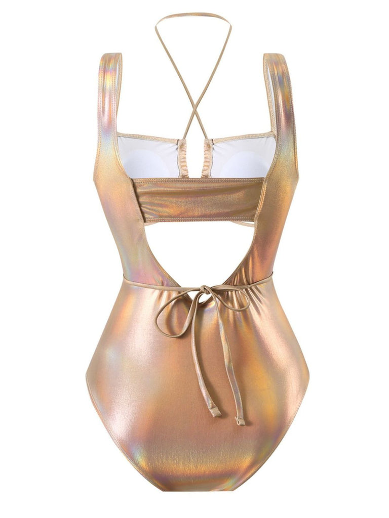 1970er Halter Hohl Metallisch Badeanzug