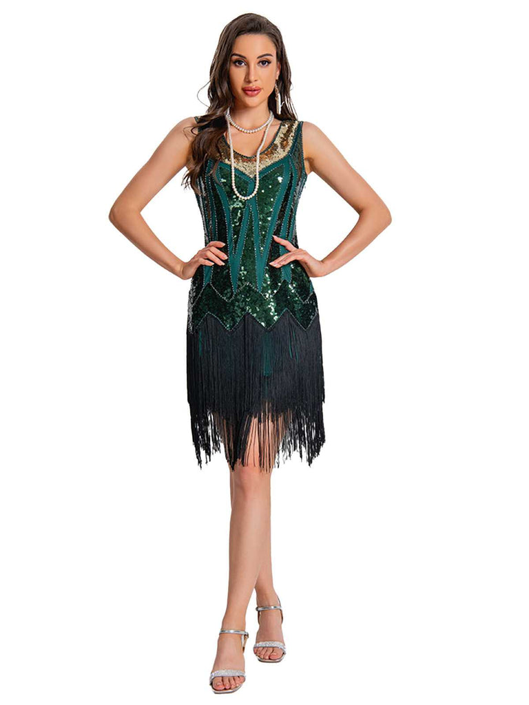 1920er Paillette Flapper Franse Saum Kleid
