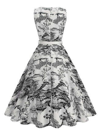 1950er Porzellan Landschaft Ärmellos Gürtel Kleid