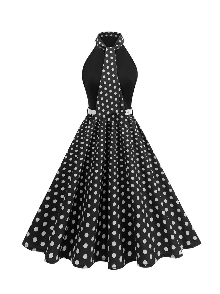 1950er Bogen Binde-Hals Polka Punkte Gürtel Kleid