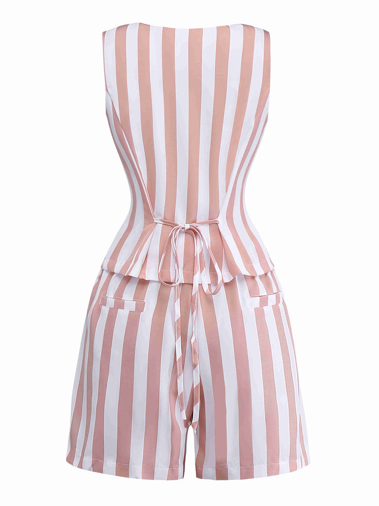 2pcs Khaki 1960er Streifen Quadratischer Hals Ärmellos Weste & Shorts