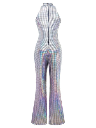 Silber 1970er Disko Ärmellos Metallisch Jumpsuit
