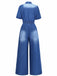 Denim 1970er Revers Knöpfe Gürtel Taille Jumpsuit
