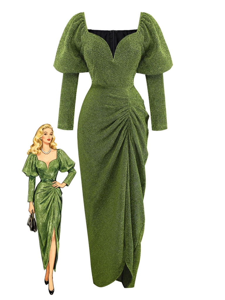 Grün 1960er Gerüschtes Puffärmel Midi Kleid