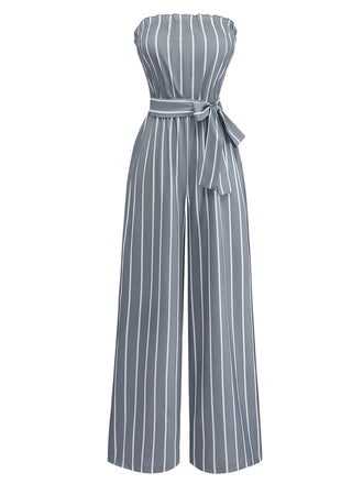 Grau 1930er Trägerlos Streifen Gegürtet Jumpsuit