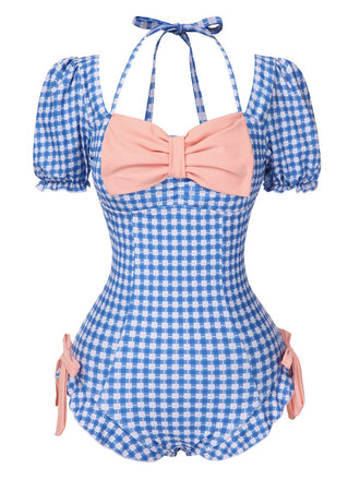 1950er Bogen Puffärmel Gingham Plaid Badeanzug