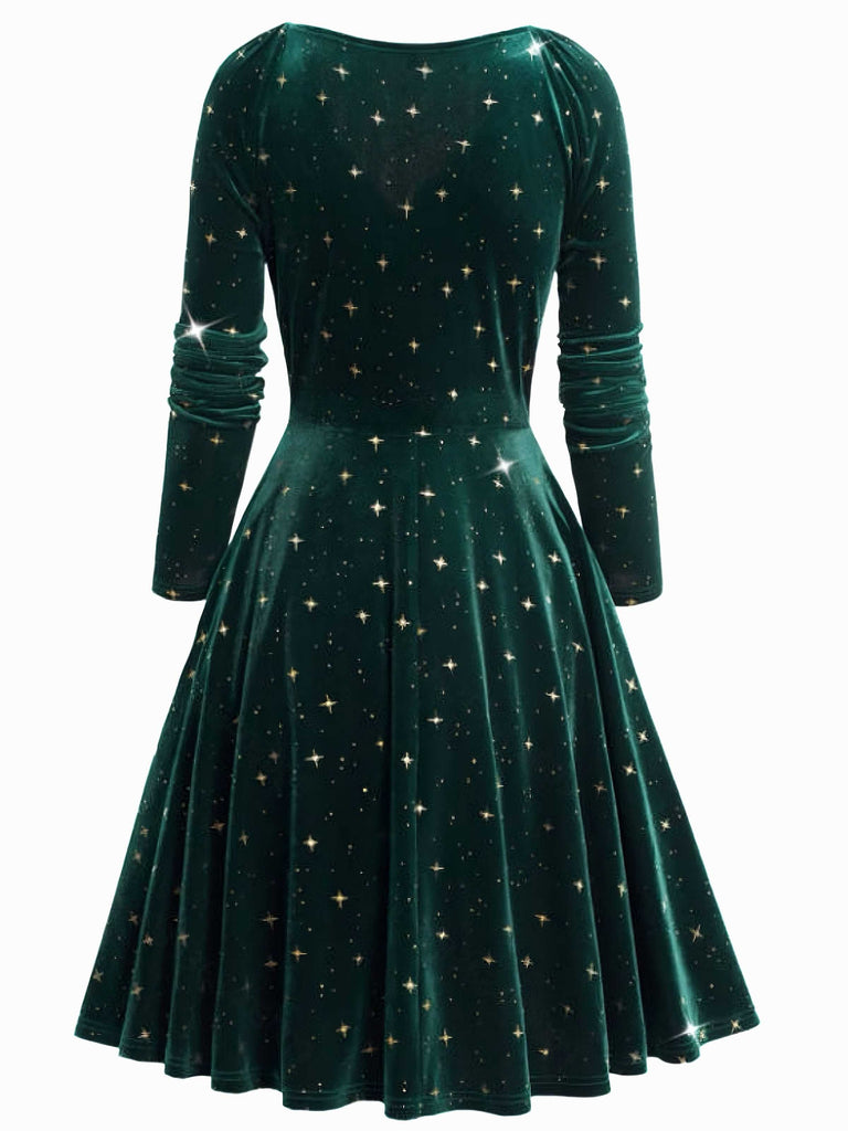 Dunkelgrün 1940er V-Ausschnitt Stern Samt Kleid