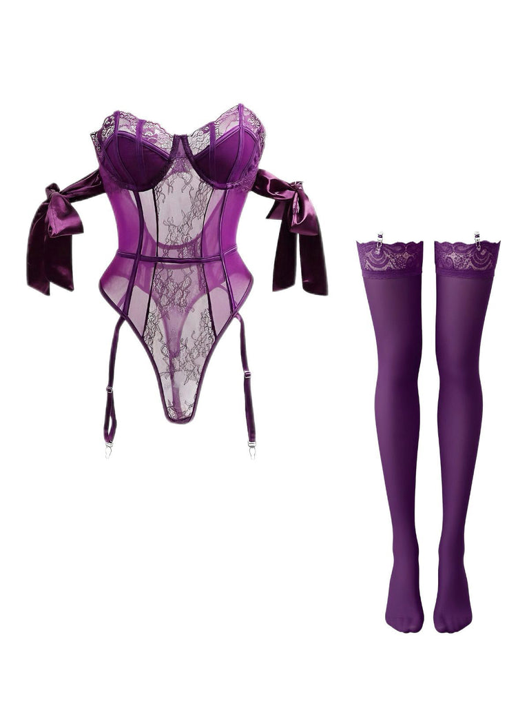 1980er Solide Schleife Bodysuit Pajama Mit Strümpfe