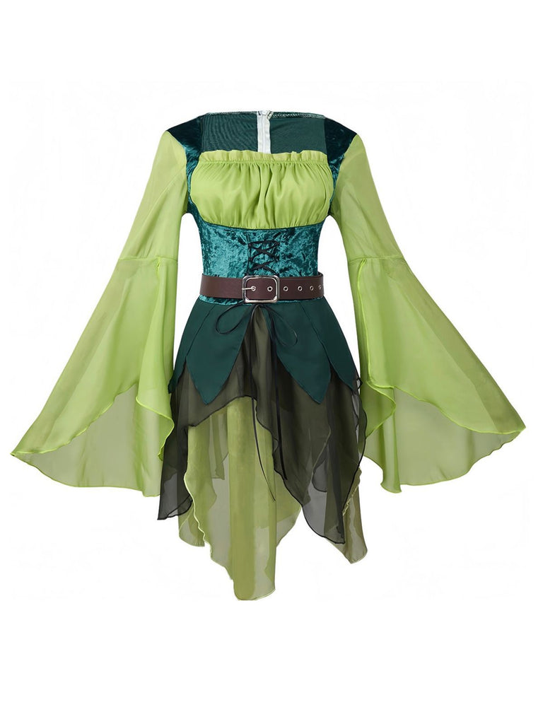 Grün 1960er Elfen Glockenärmel Gürtel Asymmetrisch Kleid
