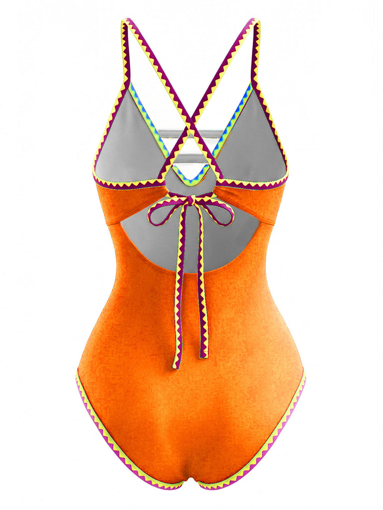 1970er Farbblock Träger Ausschnitt Einteiliger Badeanzug