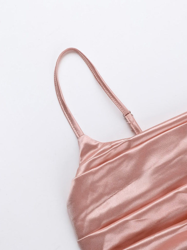 Rosa 1930er Solide Satin Gerüschtes Schlitz Kleid