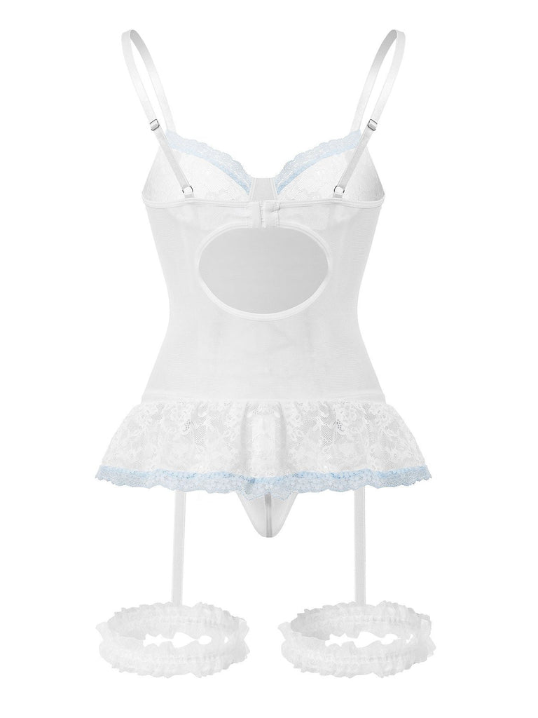 1970er Kontrastiert Spitze Netz Bogen Schnürung Dessous Set