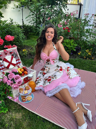 Rosa 1950er Halter Blumen Swing Kleid