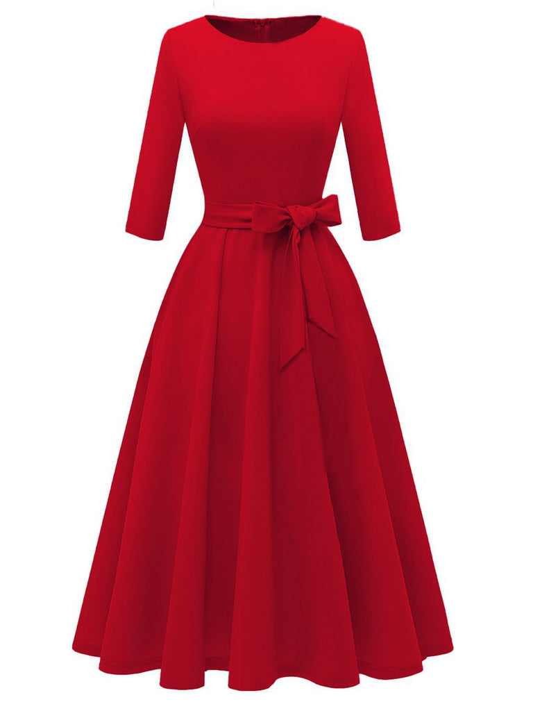 1940er Solide Passform Bogen 3/4 Ärmel Swing Kleid