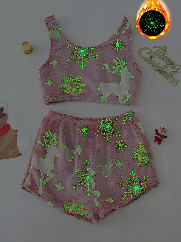 2PCS 1970er Glühend Bunt Drucken Flanell Pajama Set