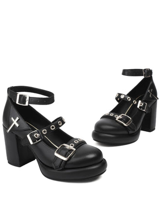 Punk Kreuzschnalle Knöchelriemen Chunky High Heels