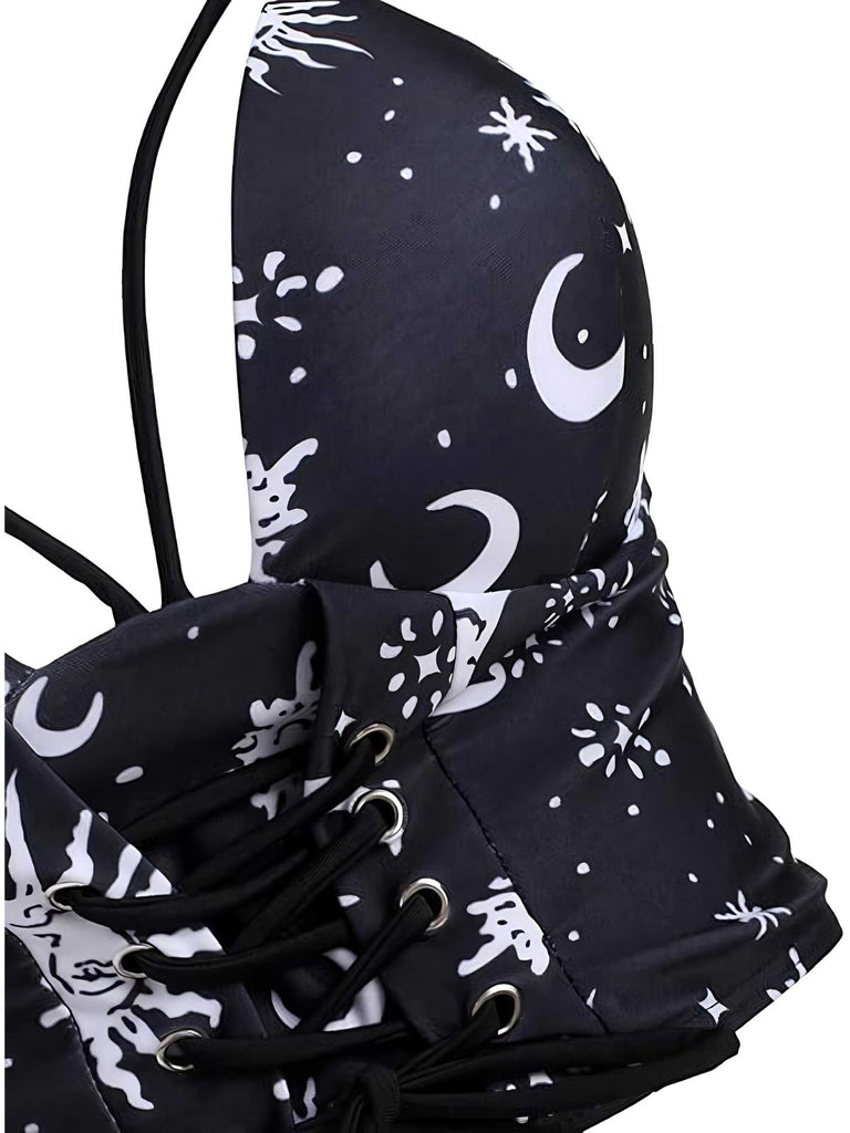Schwarz 1980er Träger Galaxie-Druck Gothic Bikini Set