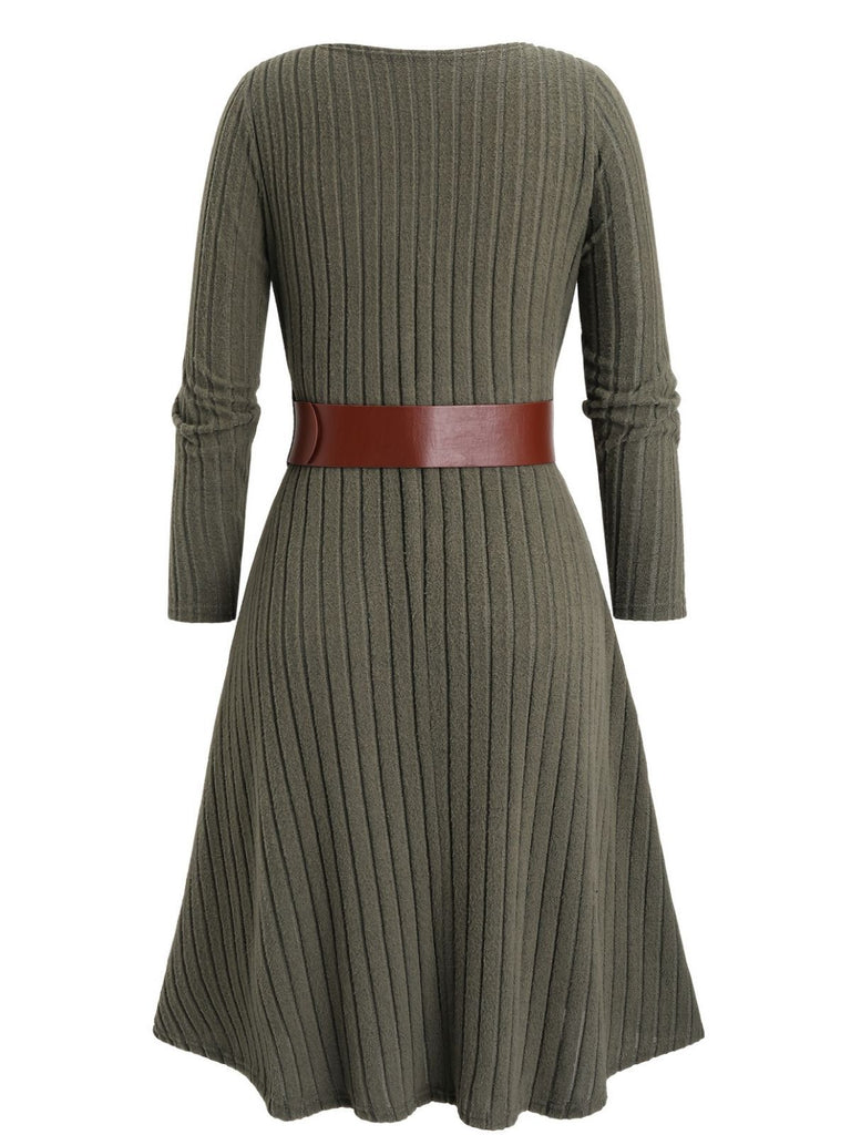 [Übergröße] Grün 1940er Stricken Layered Long Sleeve Gürtel Kleid