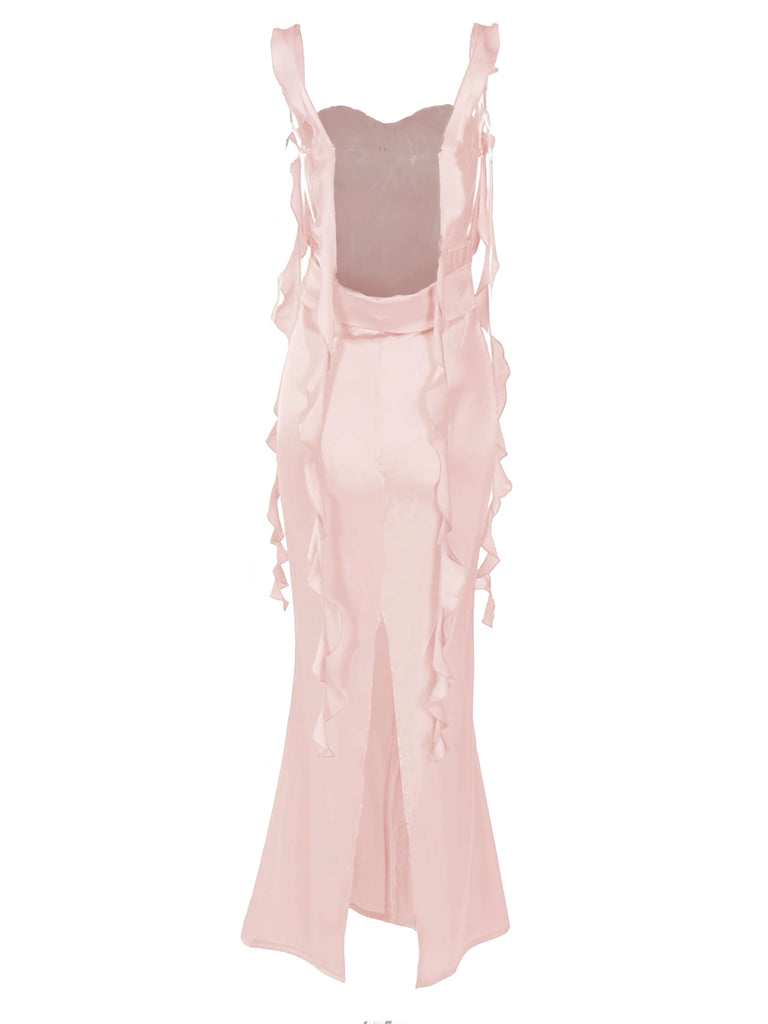 1970er Solide Satin Rüschen Rückenfrei Gerüschtes Kleid
