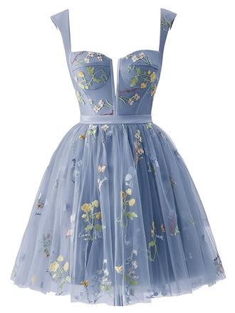 Hellblau 1970er Besticktes Blumen Spitze Mini Kleid