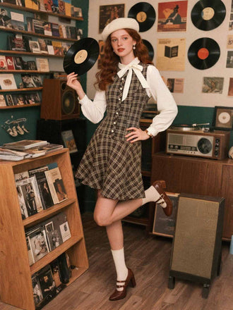 Braun 1960er Plaid Bogen Tie Taste Swing Kleid