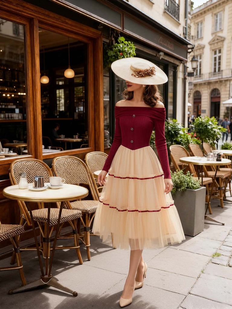 [Vorverkauf] Rot 1950er Schulterfrei Bürstenvoller Strick Tulle Cake Kleid