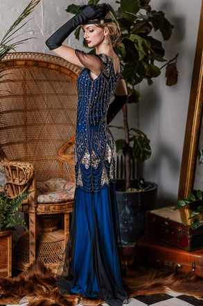 Blau 1920er Pailletten Maxi Klappe Kleid
