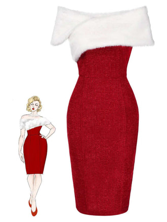 [Vorverkauf] Rot 1960er Kunstpelz Schulterfrei Kleid