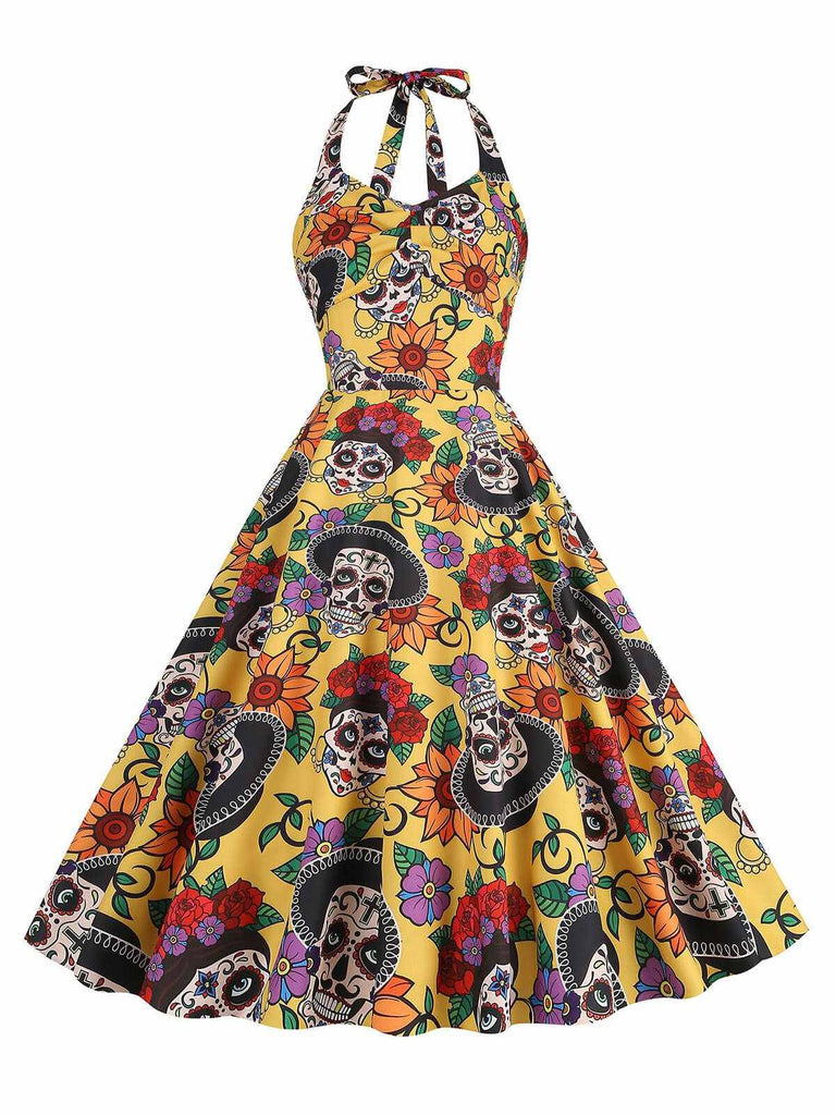 Gelb 1950er Hippie Schädel Bogen Halter Swing Kleid